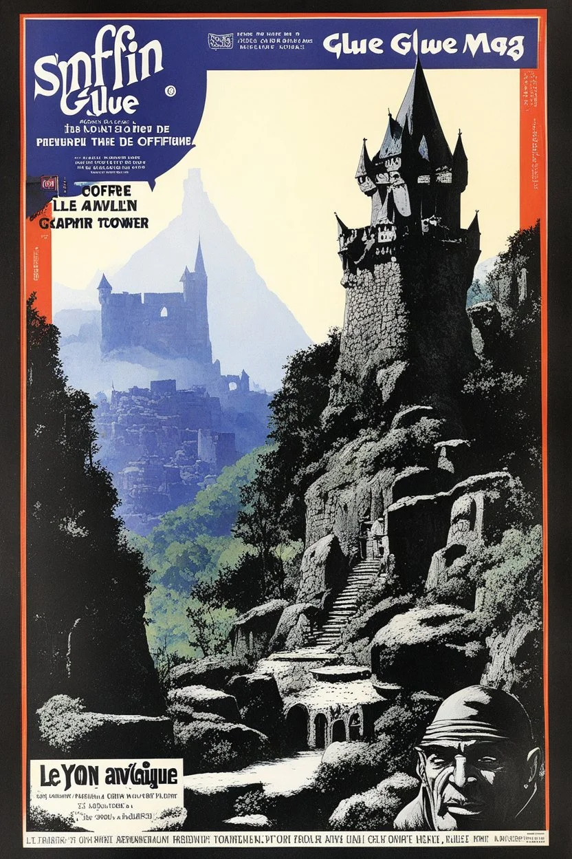SNFFIN' GLUE mag cover by Lyon Sprague de Camp for a special issue on Le Coffre d'Avlen, aka The Goblin Tower (1968), guest star: Jorian from the Xylar Kingdom