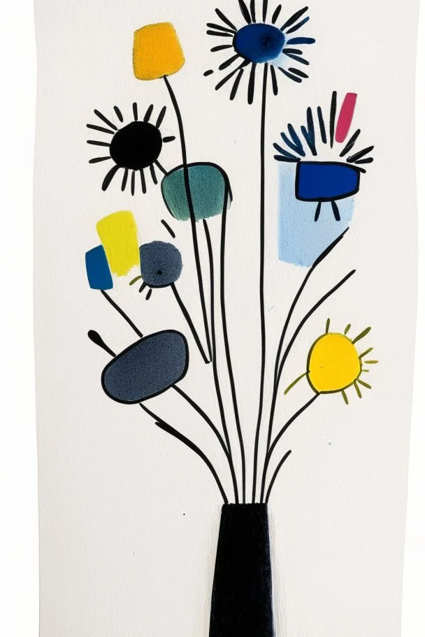 Pen, sketchy ink and oil transfer minimalist print of flowers in a vase in colours in the style of Paul Klee