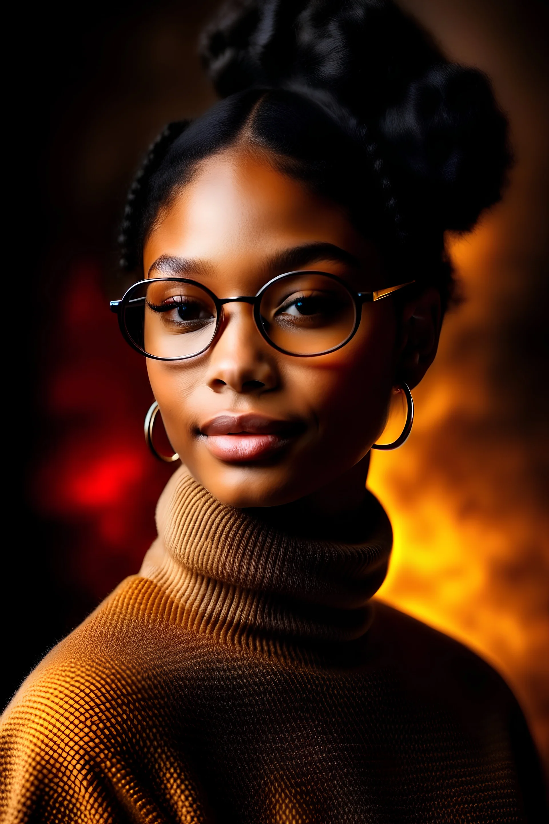 (Halle Bailey mixed with Vanessa Hudgens) is biracial and has soft dark brown European hair styled in an elegant bun, soft chubby rounded face, rounded soft eyebrows, very short neck, realistic rectangle-shape body, flat top of head, wears eyeglasses, small chest. She is wearing a beautiful feminine modest turtleneck wholesome Edwardian linen billowing ruffles layered voluminous bustle tea gown with feminine details and multiple petticoats underneath her skirt. She has Edwardian gloves on.