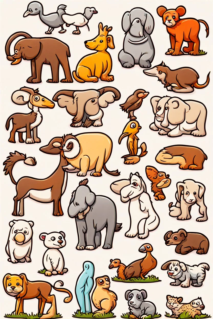 animals, cartoon style, thick outline, low details, Vivid Color