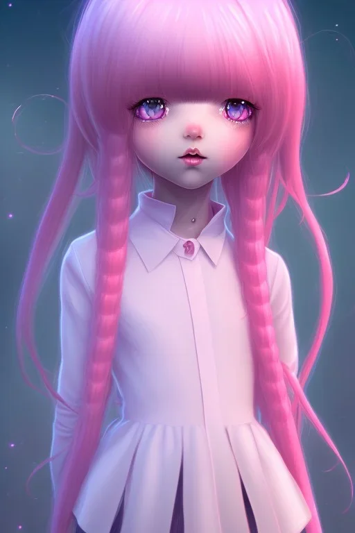 Loli, hands behind back, wholesome, innocent, long pink hair, tilted head