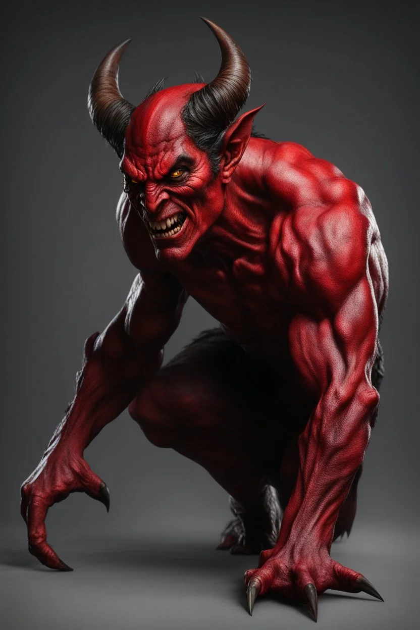 Realistic devil leaning forward at an angle facing left, posed as if over a shoulder, red skin, horror style, no other person.
