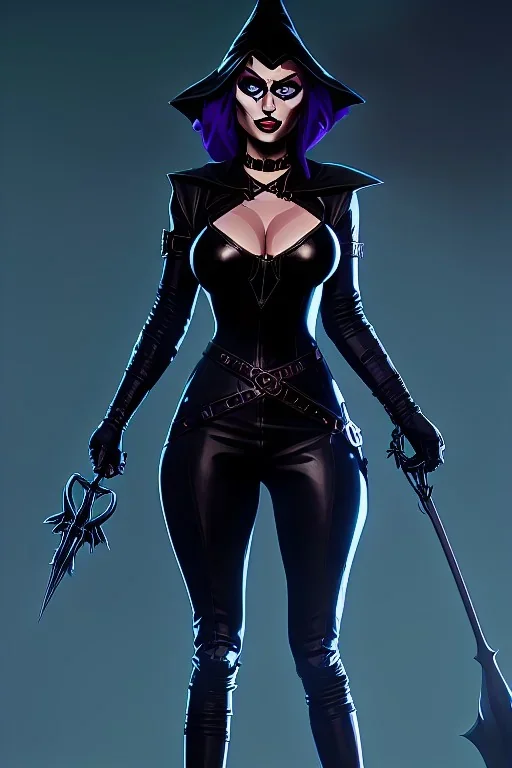 Medieval witch SOPHIA LOREN dressed in shiny black leather, frank miller sin city, busty, cleavage, volumetric lighting, particales,highly detailed,cinematic, deep colours,8