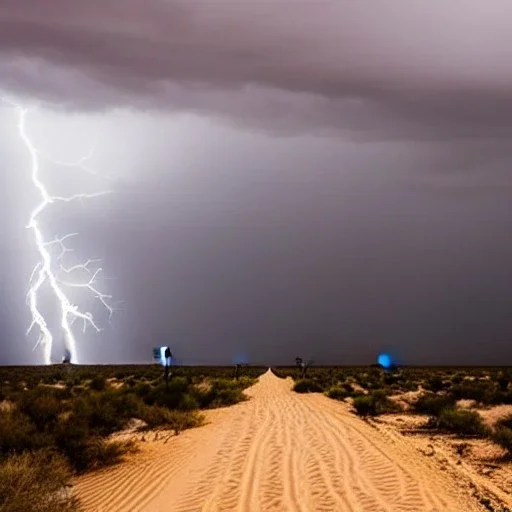 desert, storming, lightning, rain, dunes, gray, road, landscape