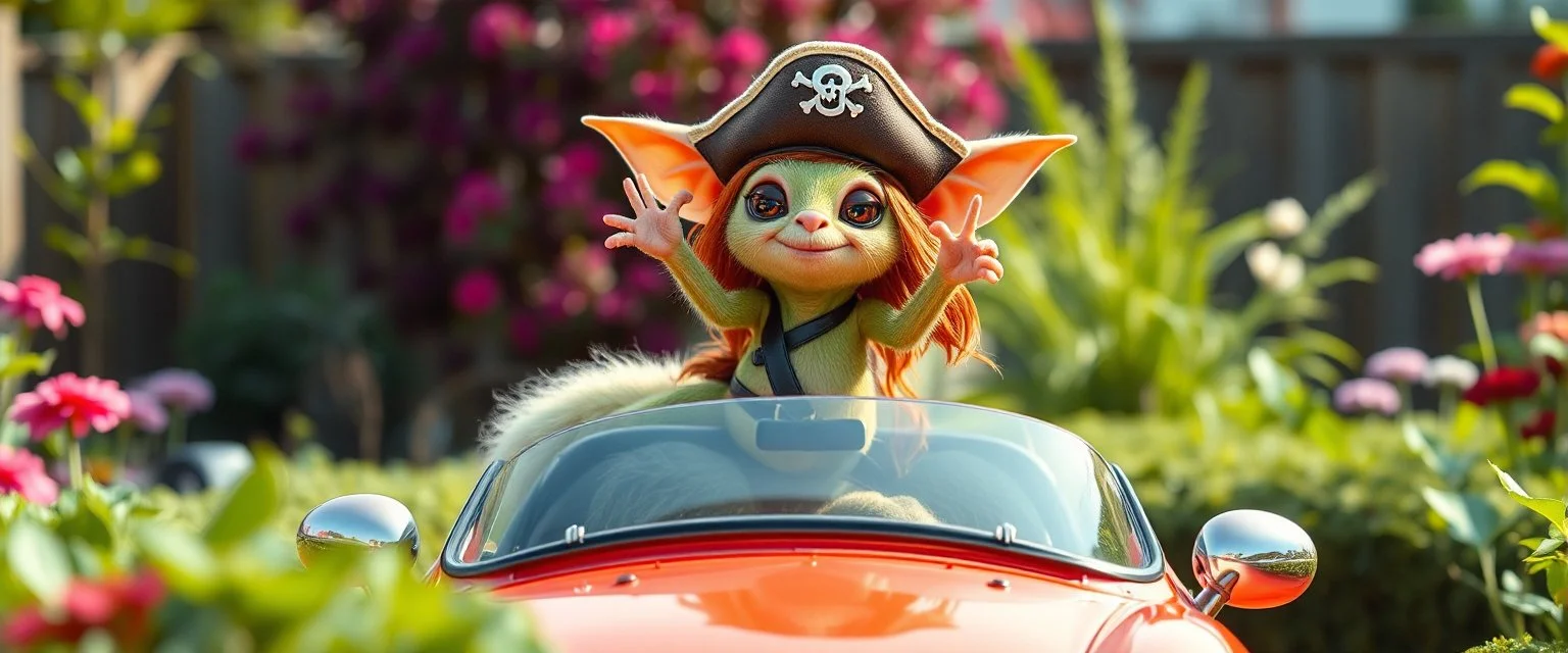 totally symmetric fluffy gremlin slug nice cheerleader pirate in plastic car in garden doing her thing full body portrait T-pose