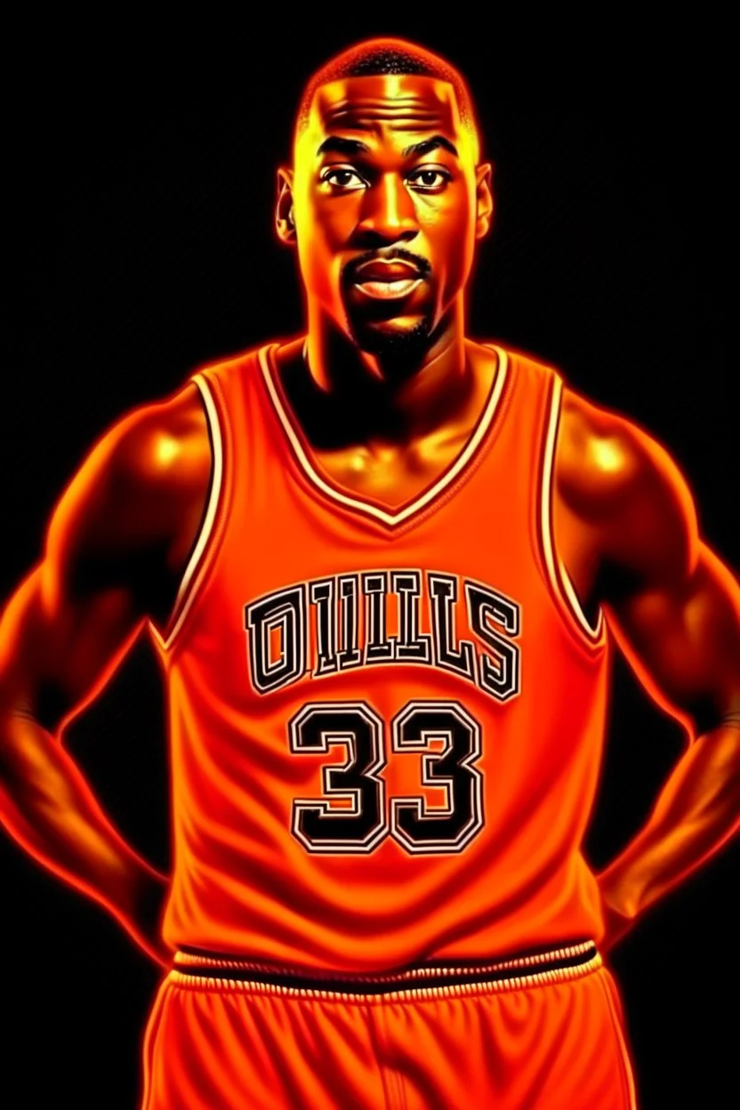 michael jordan with orange jersey, realistic photo