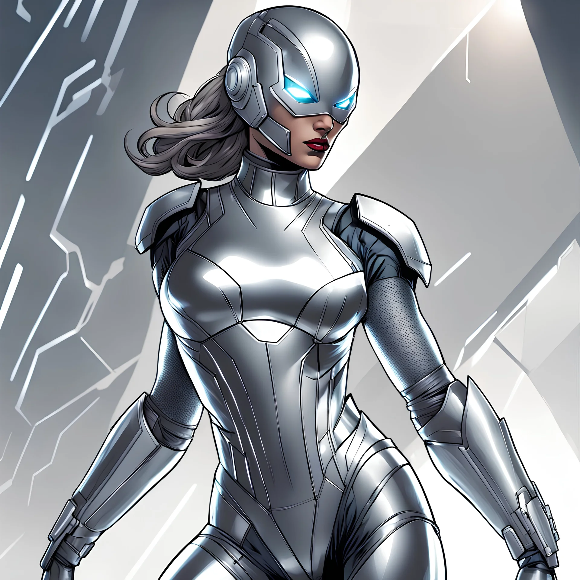 Avowall, a female vigilante, clad in a sleek, silver exosuit with a reflective surface. The suit conceals her identity and features intricate designs and advanced technology, including energy shields and enhanced strength. Avowall stands heroically in a dynamic pose, ready to protect her daughter and confront threats to mutant safety. Marvel comics style., Marvel comics style."