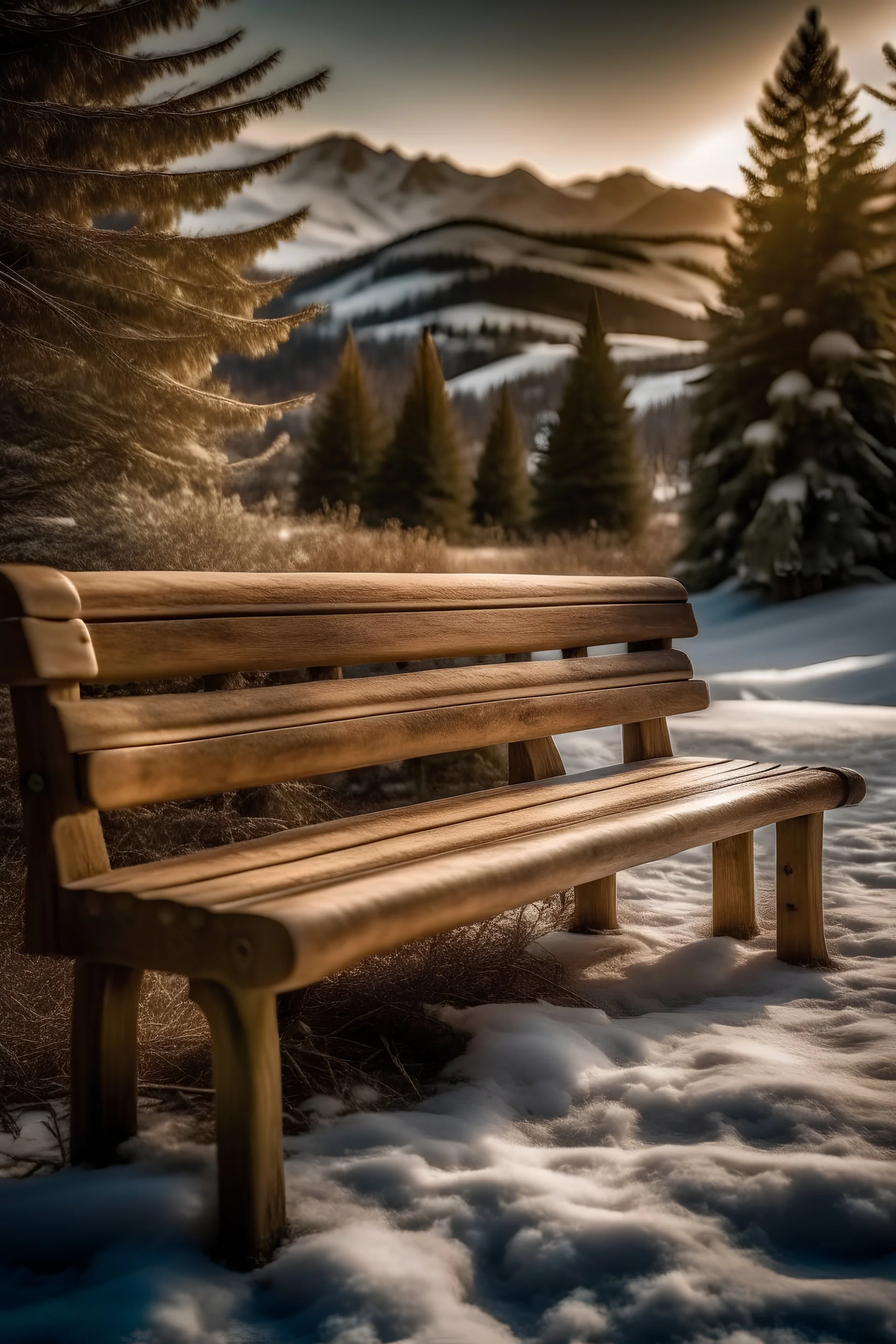 Rustikale Parkbank in den Bergen im Schnee, Morgenstimmung