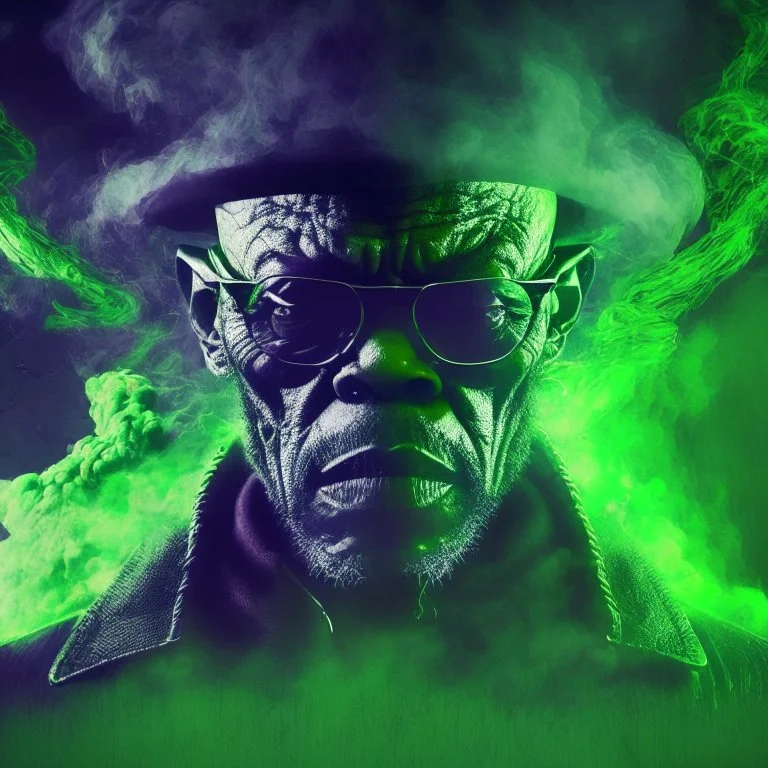 Yung Samuel l jackson, mutando en un alienigena skrull, depresive green abstract digital art obscure smoke london dramatic, torbellino de oscuridad