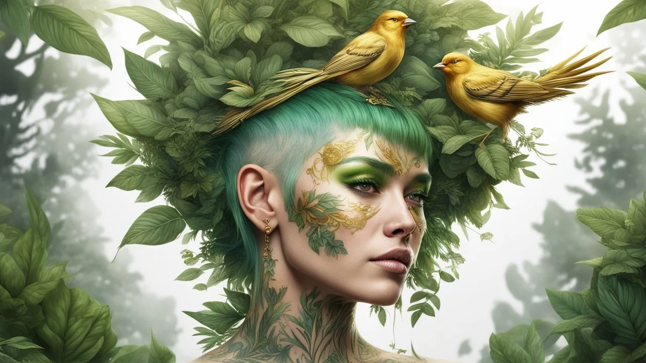 white background, punk 45 years old, forest on head, plant hair, green plants, golden birds, golden makeup, tattoo, shiny aura, very detailed, fine rendering, high detail, high resolution, 8K