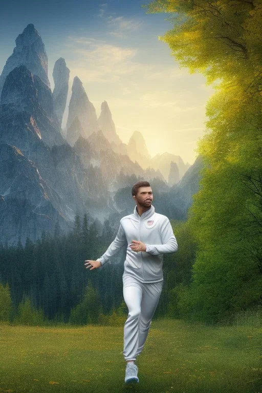 running men portrait , white jogging suite , in the sunset Alps, golden light , holding leaves and flowers , angels background, volumetric light, high detail, dark leaf tree, dark mountains in background, perfect