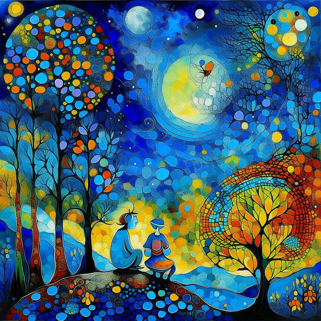 create a poetic dreamlike painting in the style of Marc Chagall, geometric family of father, mother, and baby riding a bicycle through a magical night forest, glowing triangular trees and colorful circles floating like stars, large luminous moon overhead, painterly textures with deep blues and purples, surreal and emotional atmosphere --ar 16:9 --v 7 --style 4b --q 2