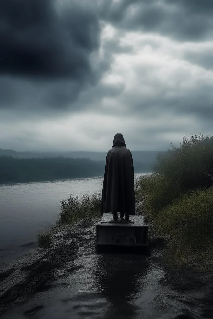 A hooded man standing on tbank of a torrent of river and clouds from far away gothic theme