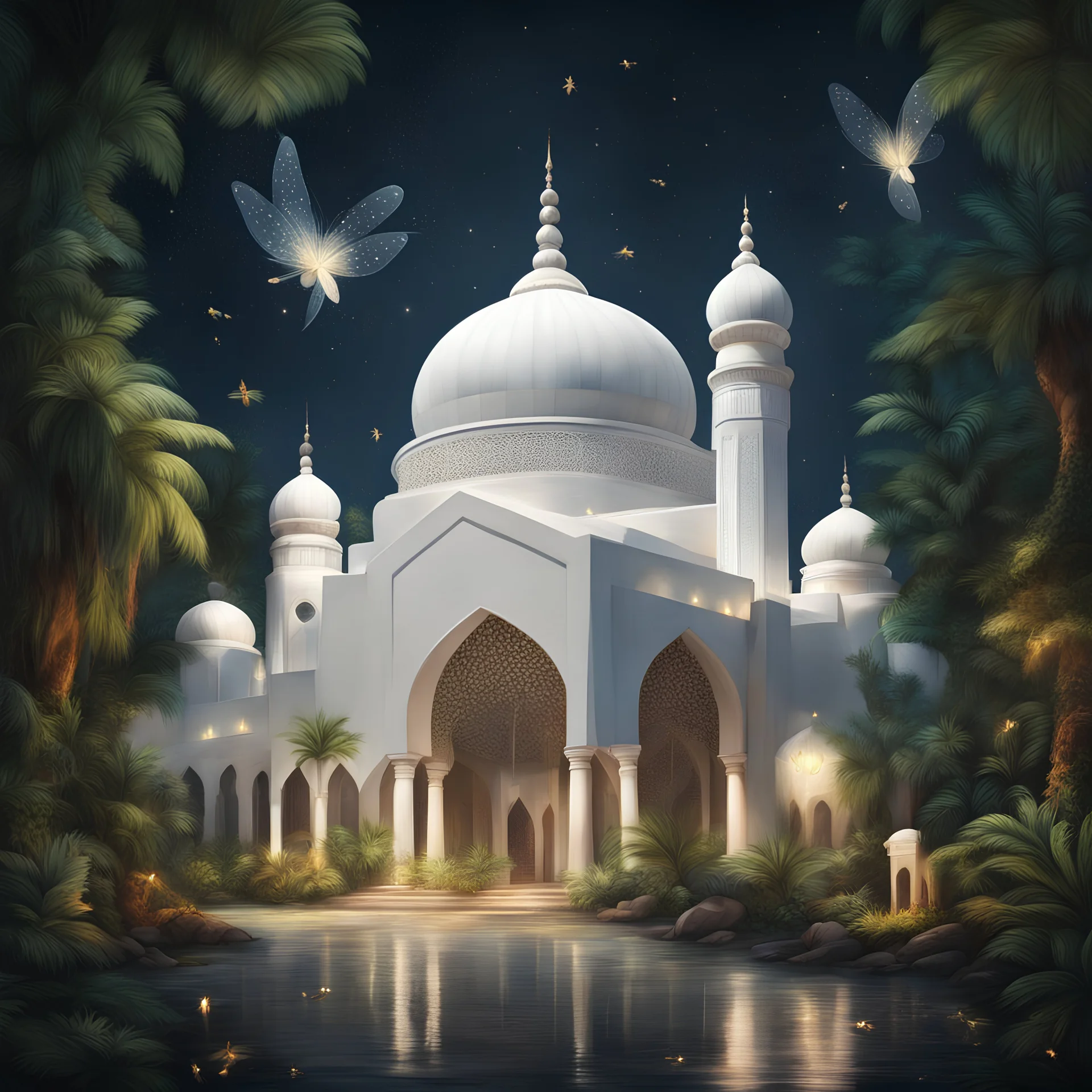 Hyper Realistic white clothed Mosque with fireflies at night with jungle animals