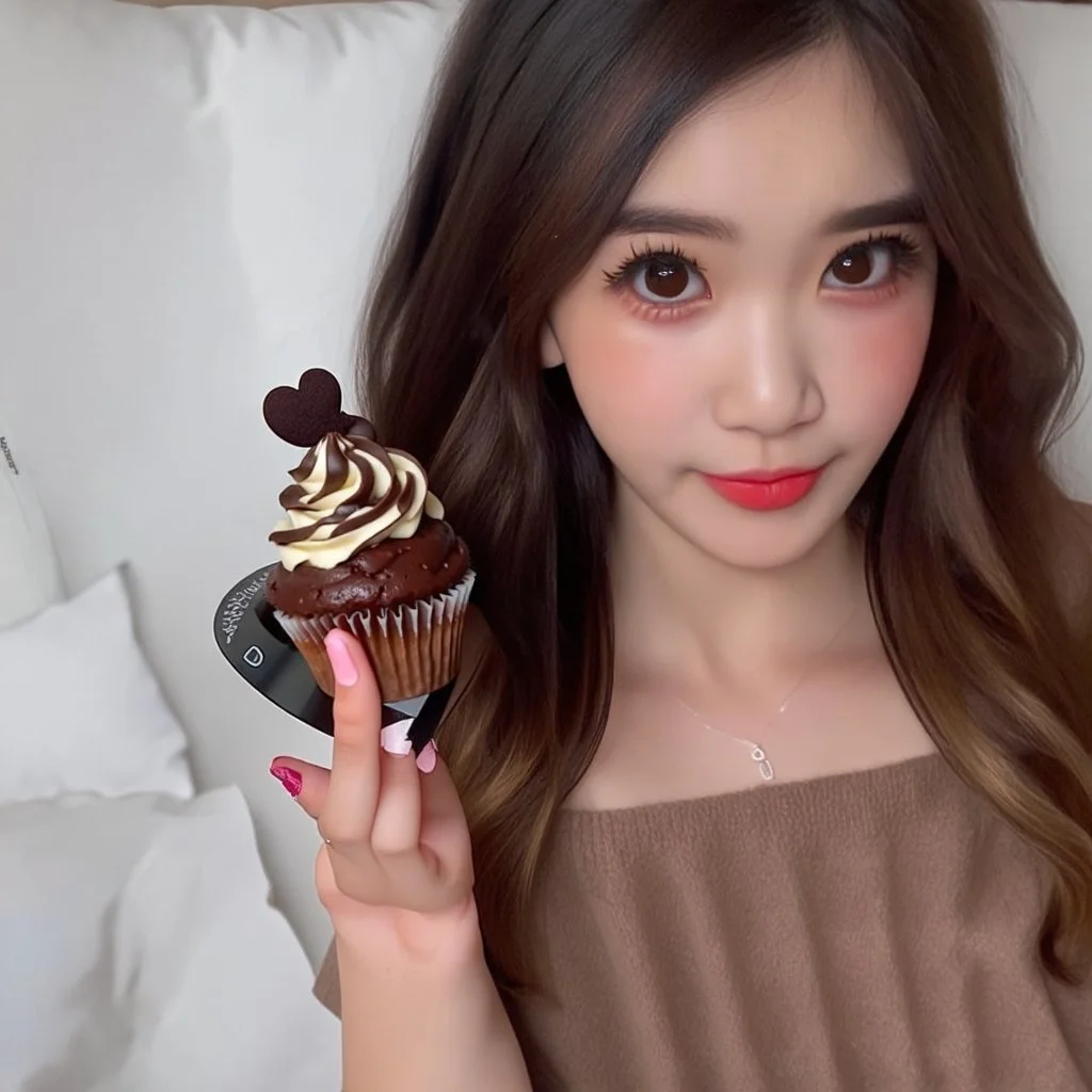 her right hand is held up and holding a cupcake