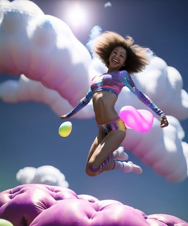 Ultra realistic speed clouds sky scene, wide angle view, sweet childs falling down, inflatable color clothing, free jumping flying, many trinkets, hair monster, many jelly beans, balls, color smoke, smile, happy, circus style, extreme, wind, clouds sea, 20,000 feet altitude, stratosphere, soft color, highly detailed, unreal engine 5, ray tracing, RTX, lumen lighting, ultra detail, volumetric lighting, 3d, finely drawn, high definition, high resolution.