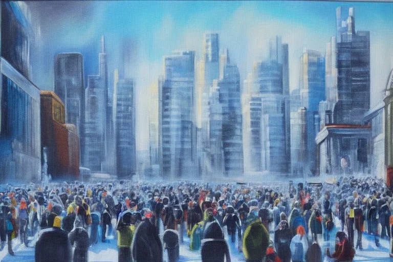 city, ice, sunny day, people, gary numan influence, realistic painting