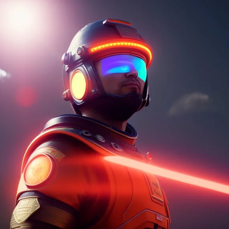 portrait, eternal samurai fusion space suit, floating in space, sun burning bright in background, neon light, 8k, 3d, blender