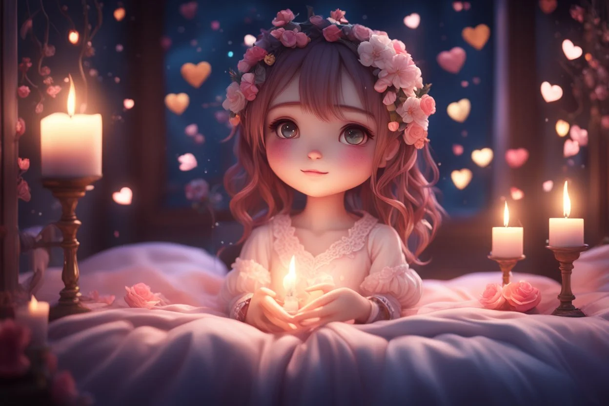 Cute chibi girl in a bedroom at night, flowers in candlelight, heart and love, ethereal, cinematic postprocessing, bokeh, dof Weight:1 detailed matte painting, deep color, fantastical, intricate detail, splash screen, complementary colors, fantasy concept art, 8k resolution trending on Artstation Unreal Engine 5 Weight:0.9