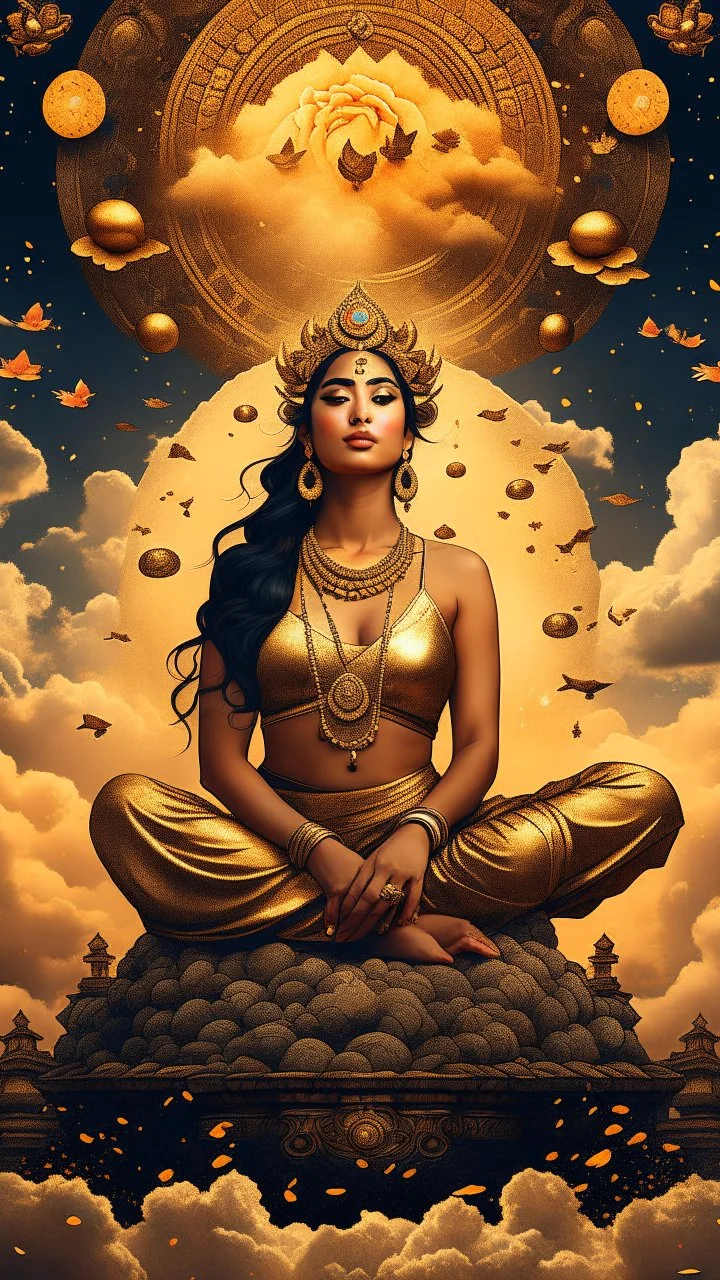 (((goddess lakshmi ,magic, explosion power,108 heavens))), masterpiece , portrait photography,dreamy,gold coins falling sky with crescent moon, celestial bodies, simplified, concept art by Lampu Kansanoh, (an Asian kombucha goddess) golden ,red, blue and black color scheme, billowing clouds, HD quality, art design garment printing.Cinematic lighting ,hyper detailed,1024K