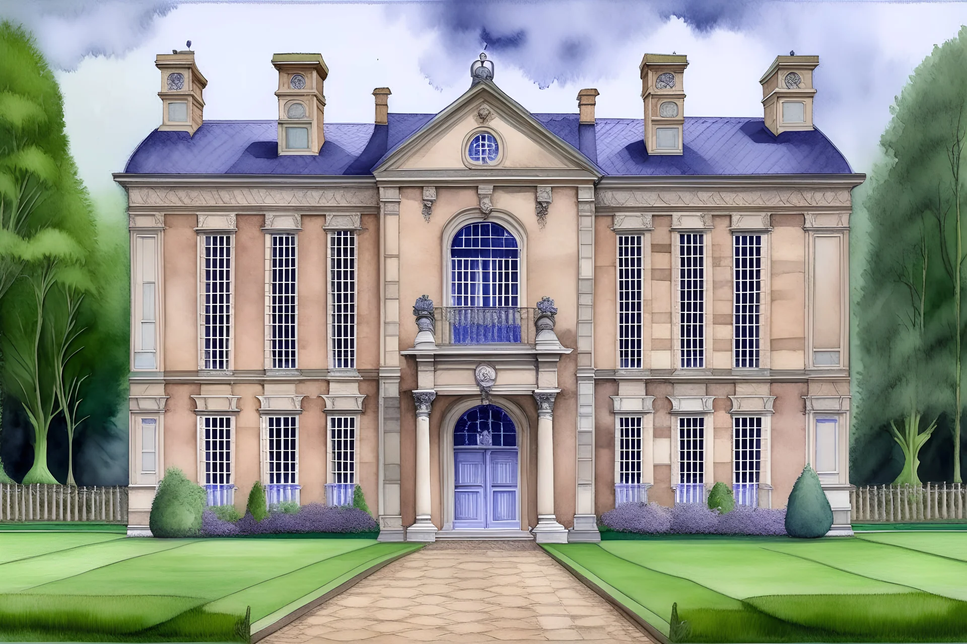 aquarell of old british english castle mansion, symmetrical, huge, cloudy grey sky, rain, details, huge wooden front door, green garden alley infornt tiny violett flowers