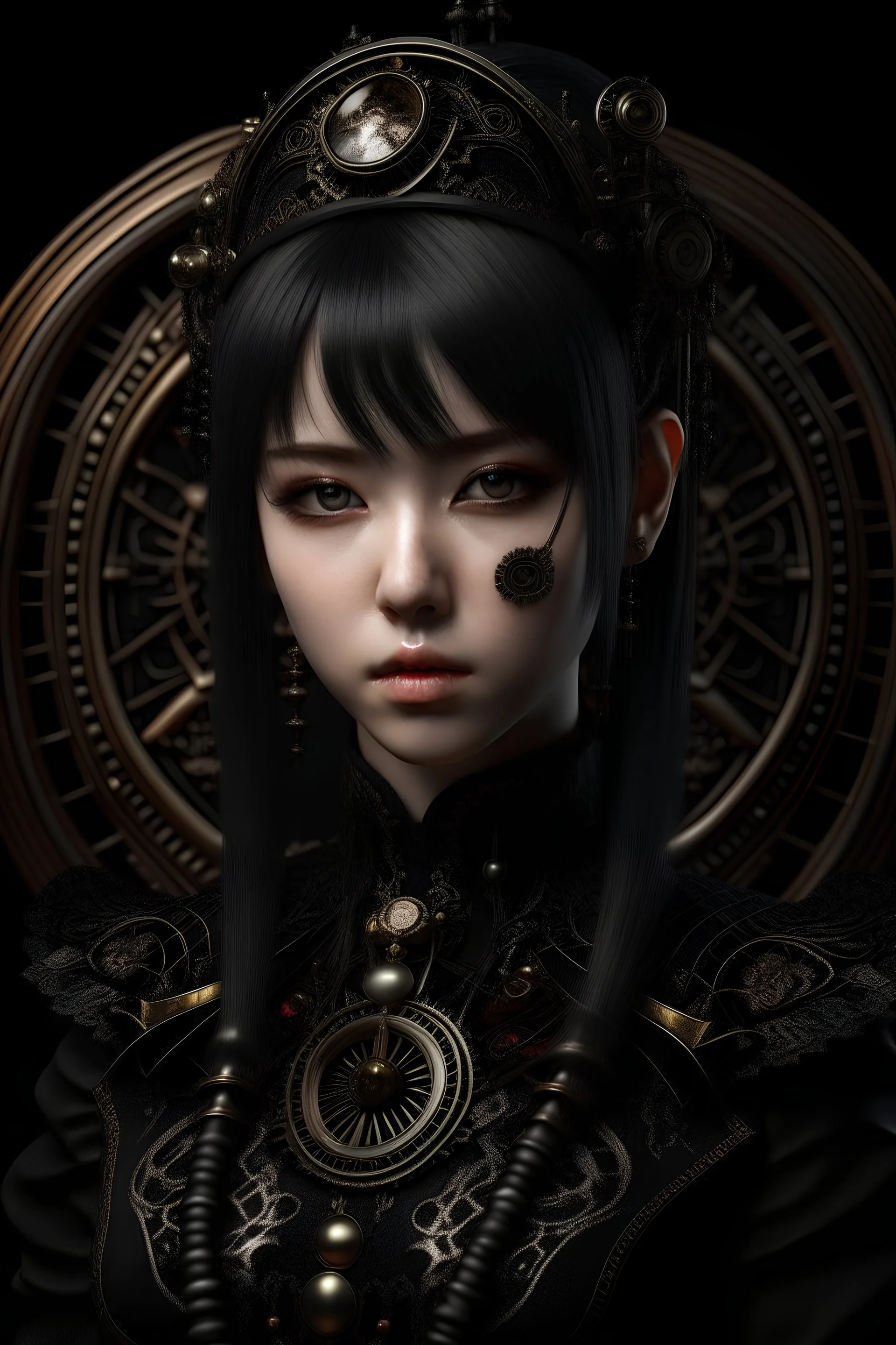 Create a hyperrealistic digital art piece featuring Babymetal wearing a gothic steampunk dress. Pay meticulous attention to detail. Render her hair and face with exquisite detail, capturing the beauty of the character. The image should have an ultra-focused and intense feel, utilizing an 8k resolution for crispness and clarity.