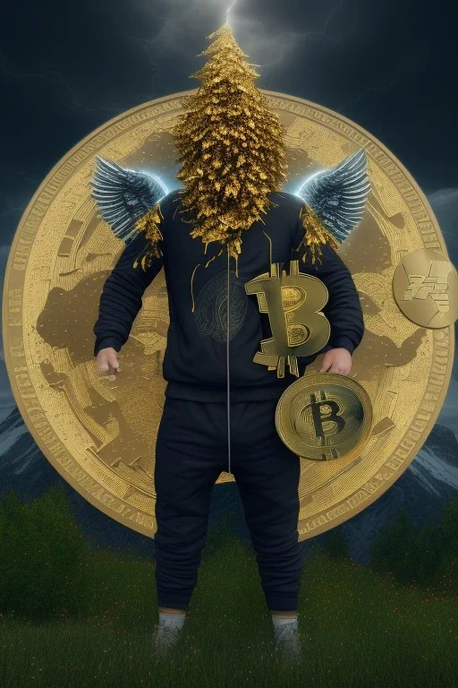 running berserker portrait , no face, black jogging suite , in the night Alps , holding bitcoins , angels background, volumetric gold light, high detail, dark leaf tree, dark mountains in background, perfect