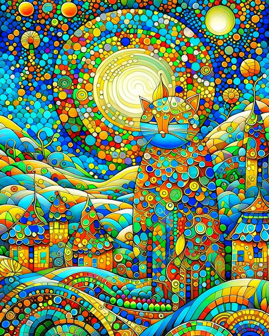 Gorgeous amazing patchwork, Kandinsky dot line drawing, highly detailed, exquisitely intricate, beautiful, clear, high quality, colorful, great golden sunset, fantastic - Daniel Merriam, Iwona Lifsches, Alex Alemany, fractal, mosaic, layers, multidimensional, 3D, teal sparkling trees, glistening gold leaves, skyline, . Starry night. Gustav Klimt, purple flowers, sunflowers, gray clouds Modifiers: extremely detailed intricate beautiful imperial colors high definition hdr Leonid Afremov Big round