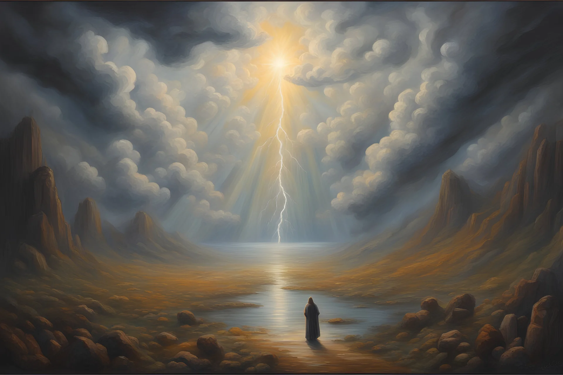 oil painting, Within the valley of shadowless death They pray for thunderclouds and rain But to the multitude who stand in the rain Heaven is where the sun shines