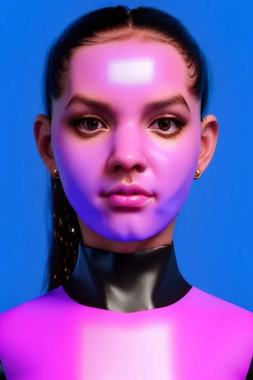 Ultra Realistic image, Rosalía artist, casual portrait, normal complexion, natural small busty, two bows, little chopsticks hair ,black eye long liner, latex t-shirt, inflatable open coat, gold pink and blue style, spray line glow make up, geometric led jewelry, fog, hot, inflatable style latex coat, vibrant color, highly detailed, art stations, concept art, smooth, unreal engine 5, god rays, ray tracing, RTX, lumen lighting, ultra detail, volumetric lighting, 3d, finely drawn.