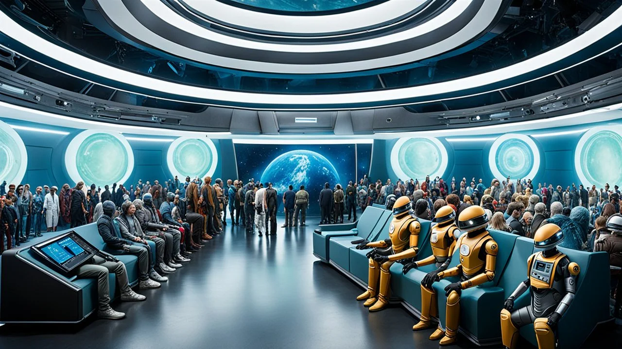 photo from the futuristic waiting room of a studio, a large crowd waits in a giant room. the aliens mutant humans, strange fantastical creatures, droids, and a few human-like beings of all sizes, colors, shaped and looks, stand in the crowd. high detalied, sharp focus, photorealistic, sci-fi style Professional photography, bokeh, natural lighting, canon lens, shot on dslr 64 megapixels , hd