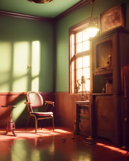 Room scene with retro hair monster, Wes Anderson style, realistic photo, concept art, smooth, unreal engine 5, god lights, ray tracing, RTX, lumen lighting, ultra detail, volumetric lighting, 3d.