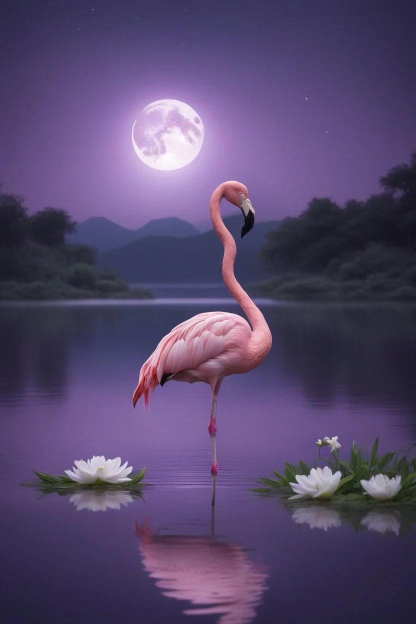 A purple colour flamingo , in a lake , with white flowers , and the moon in the background , high quality, beautiful scene and 8k ,