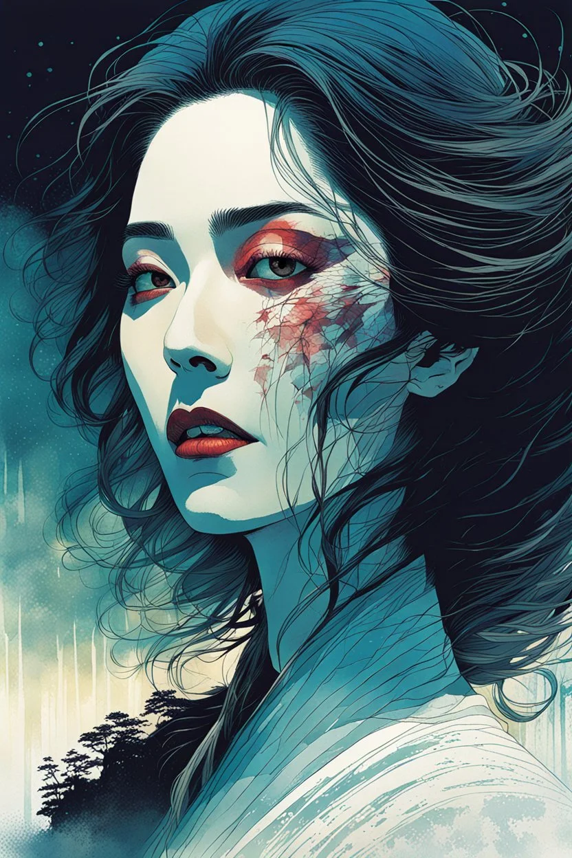 create an imaginative print illustration of an ethereal, otherworldly gaunt and withered ancient female Lasombra shape shifting vampire , in the style of Hasui Kawase , Shiro Kasamatsu combined with the graphic novel style of Bill Sienkiewicz, with highly detailed feminine facial features