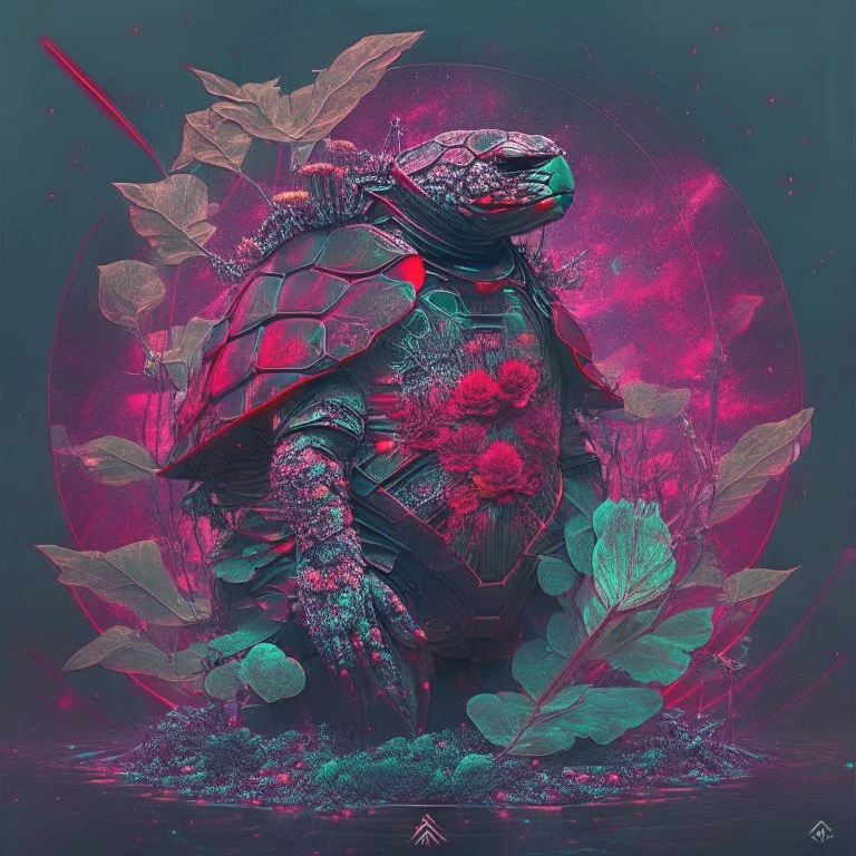 spatial turtle samurai, iridescent, blood, futuristic, guts, wildflower, cosmic, intricate, darkred tones,sidhe, ominous, nature, plants,