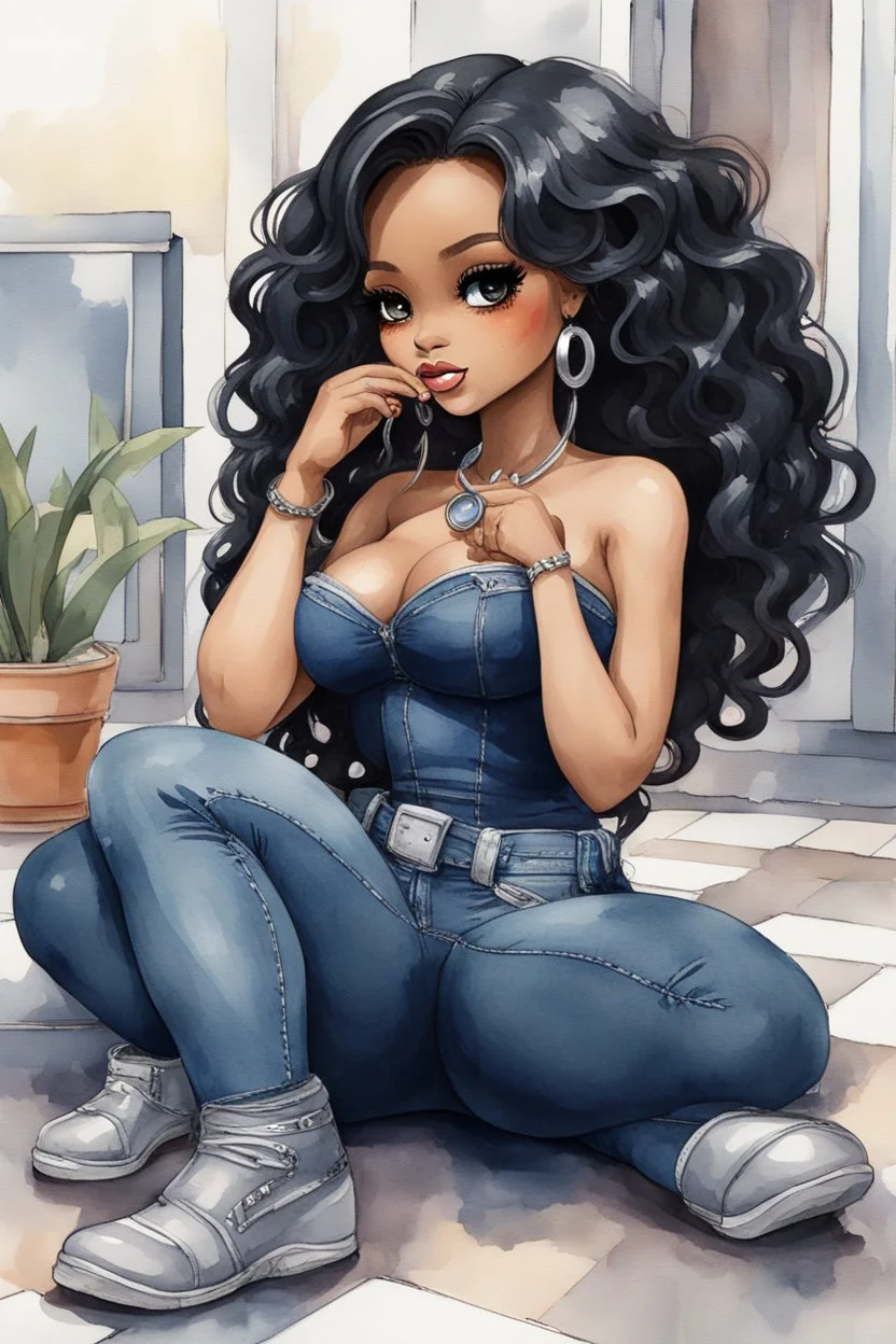 Create a futurism magna watercolor pain art of a black chibi curvy female sitting on the floor looking at herself in a hand mirror. She is wearing tight blue jeans and a black off the shoulder blouse. Prominent make up with lush lashes. Highly detailed long wavy hair. She is also wearing silver large hoop earringsart of a black chibi curvy female sitting on the floor looking at her cell phone. She is wearing tight blue jeans and a black off the shoulder blouse. Prominent make up with lush lashes