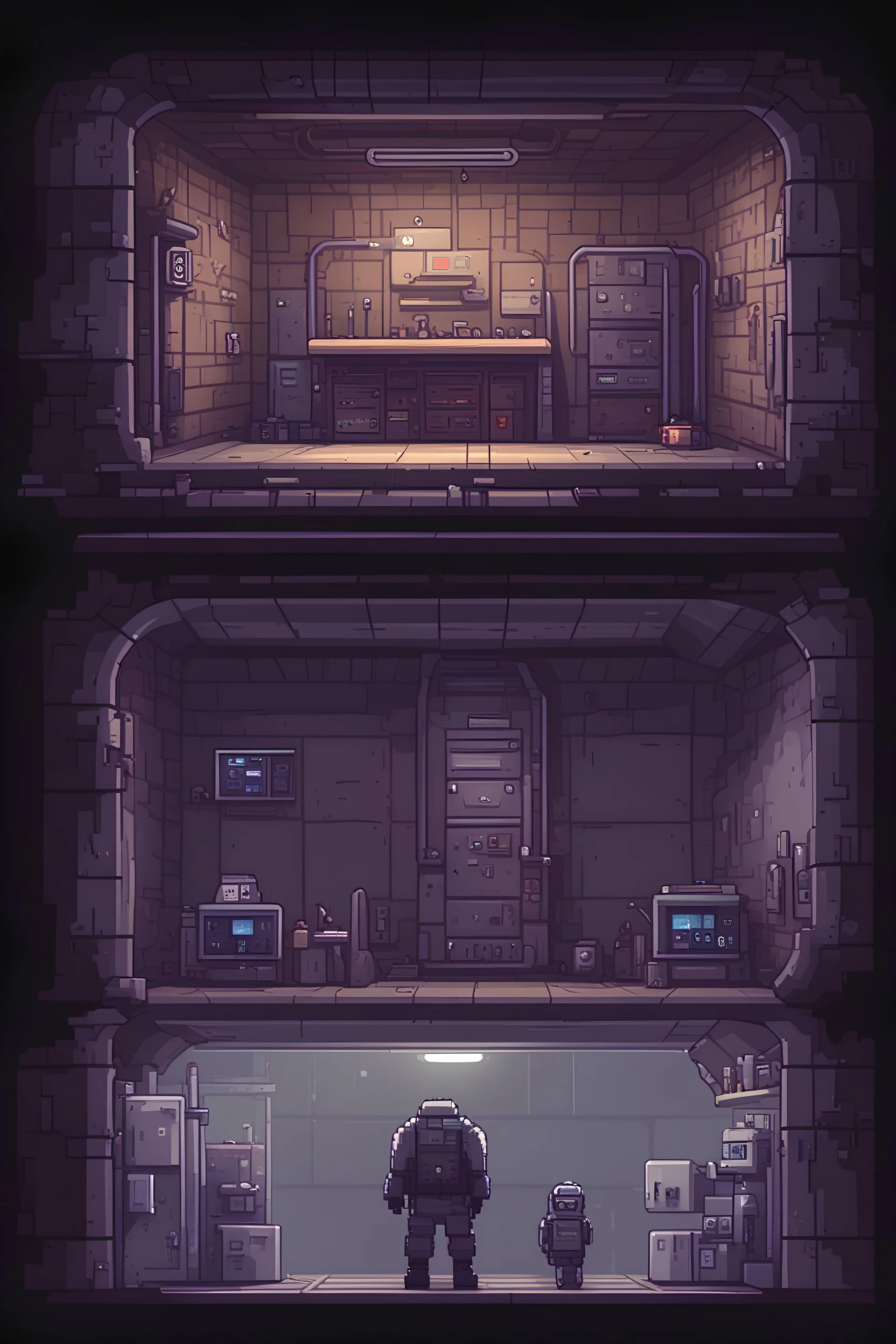 2d pixel art dark environement, old human underground military bunker, use for experimentation, laboratory. platform video game