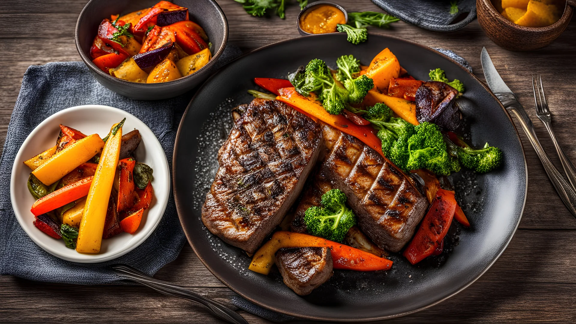 grilled dragon steak served with a side of roasted vegetables, (intricate details:1.12), hdr, (intricate details, hyperdetailed:1.15)