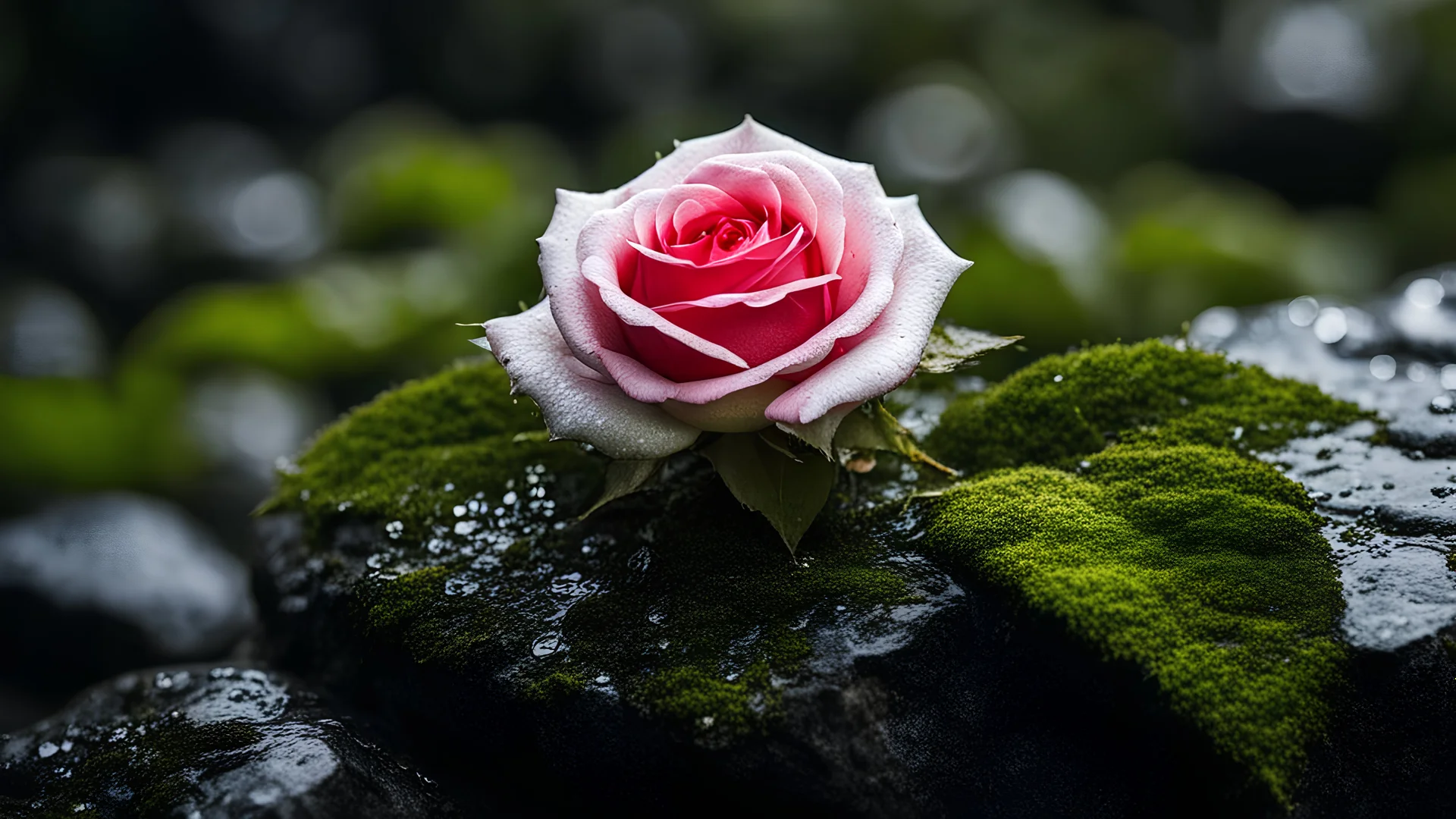 Close up of a rose on a wet rock,,moss,high details,dark place