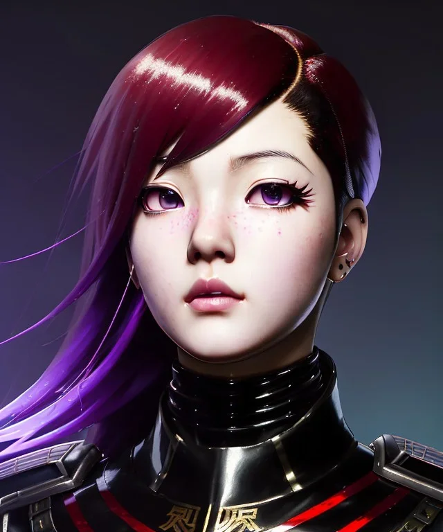 Detailed anime guy ,red hair buns, purple bangs, black latex battle suit, intricate details, full body portrait, keep head in frame, slight smile, black Japanese motif, concept art, highly detailed, digital painting, concept art, sharp focus, illustration, art by Yoji Shinkawa, WLOP and greg rutkowski and alphonse mucha and artgerm and yanjun Chen and Junji ito and Makoto Shinkai, HDR, octane render