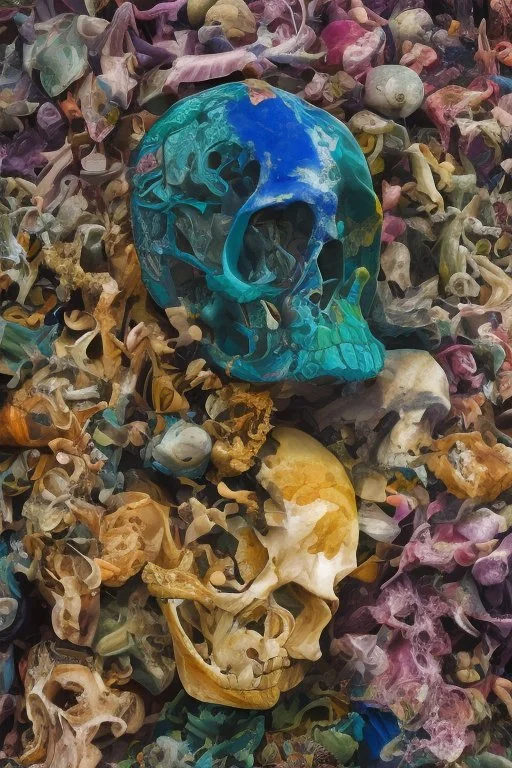 a picture of a dark, comedic, anatomically correct wall of colorful tightly packed skulls of varying sizes and expressions, photo realistic, insanely meticulous, highly detailed, part of a collection of bones on display, 64k, dystopian, vray