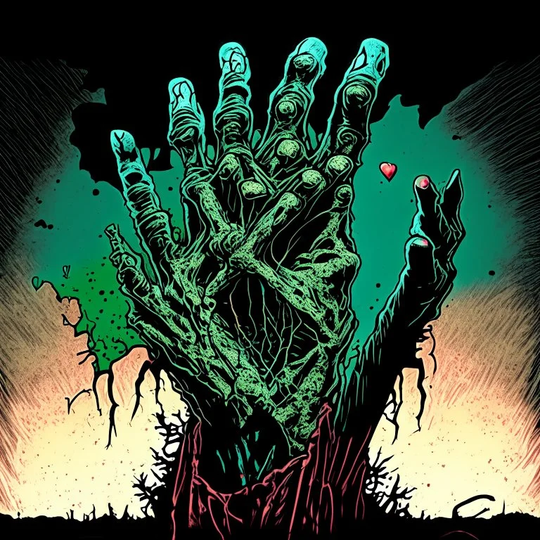 Rotting Zombie making the 'heart hands' hand gesture, concept art, dystopia background, clear, fine line art, artistically dramatic, complex contrast, modern comic book illustration, by Robert Kirkman "The Walking Dead " aesthetic,