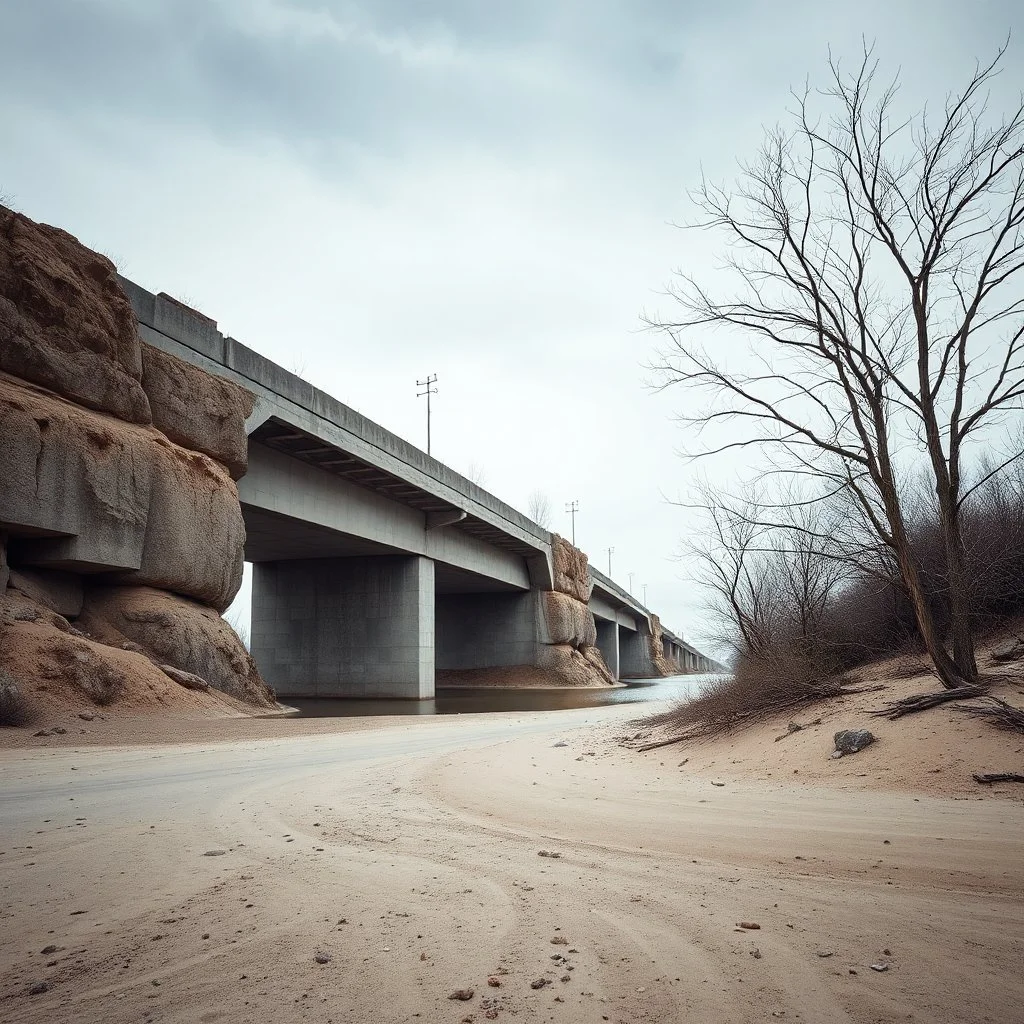 Fotografia di una autostrada modernoabrutalista, che sembra un tugurio, parzialmente sommersa. La struttura è erosa e inglobata dal paesaggio naturale, come se il tempo o l'ambiente avessero iniziato a "riassorbirla". No. L'atmosfera è desolata e surreale, con un ambiente circostante spoglio e sabbioso hasselblad h6d400c --ar 85:128 --v 6.0