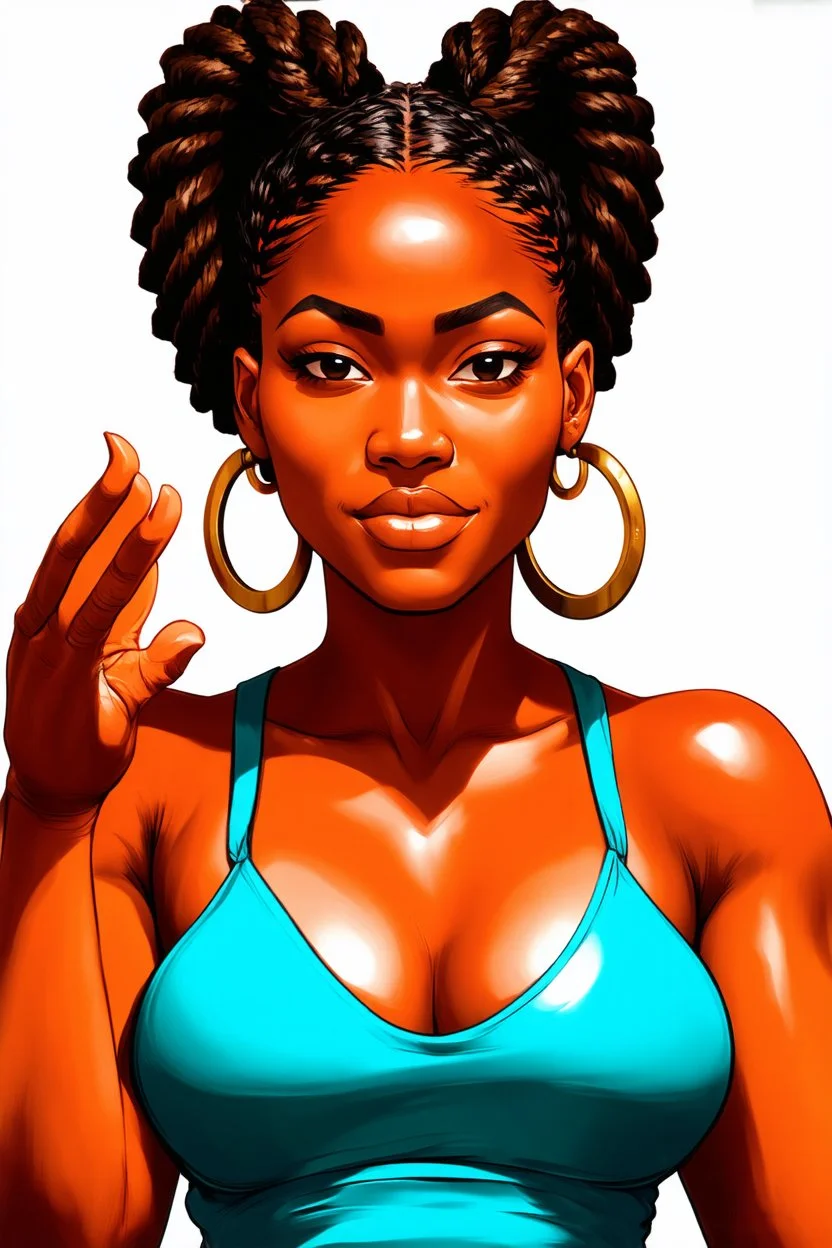 A vibrant digital illustration of a carribean woman with a confident yet playful expression. She is making a gesture by a raised brow. highly detailed two large cornrows. Her large hoop earrings are clearly visible, adding to the bold and expressive character of the artwork. with soft lighting accentuating the details of her face.", ink wash