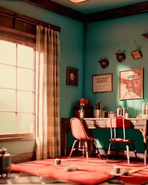 Room scene with simple hair monster, Wes Anderson style, realistic photo, sweet, concept art, smooth, unreal engine 5, god lights, ray tracing, RTX, lumen lighting, ultra detail, volumetric lighting, 3d.