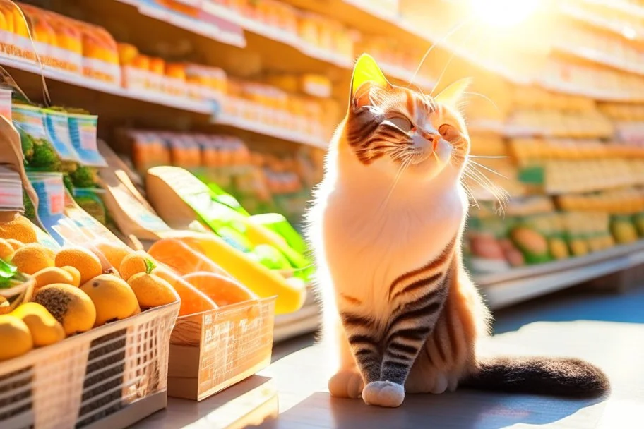 cute contented cat is shopping in a foodstore in sunshine. Food, fruits