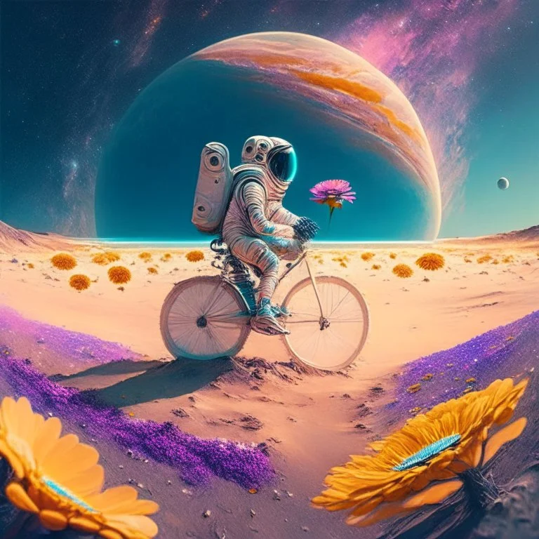 An astronaut is riding a bicycle on the beach of a planet. Dekhtan's flowers - beautiful galaxy - peace