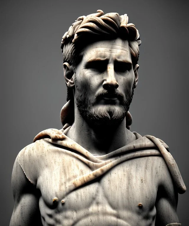 Gran angular, Realistic image, roman sculpture, marble material, Lionel Messi with Laurel wreath model, miguel angel style, emperador, God light, god rays, 4k resolution, perfect details, ornate details, soft lighting, unreal engine 5, soft cyan background.