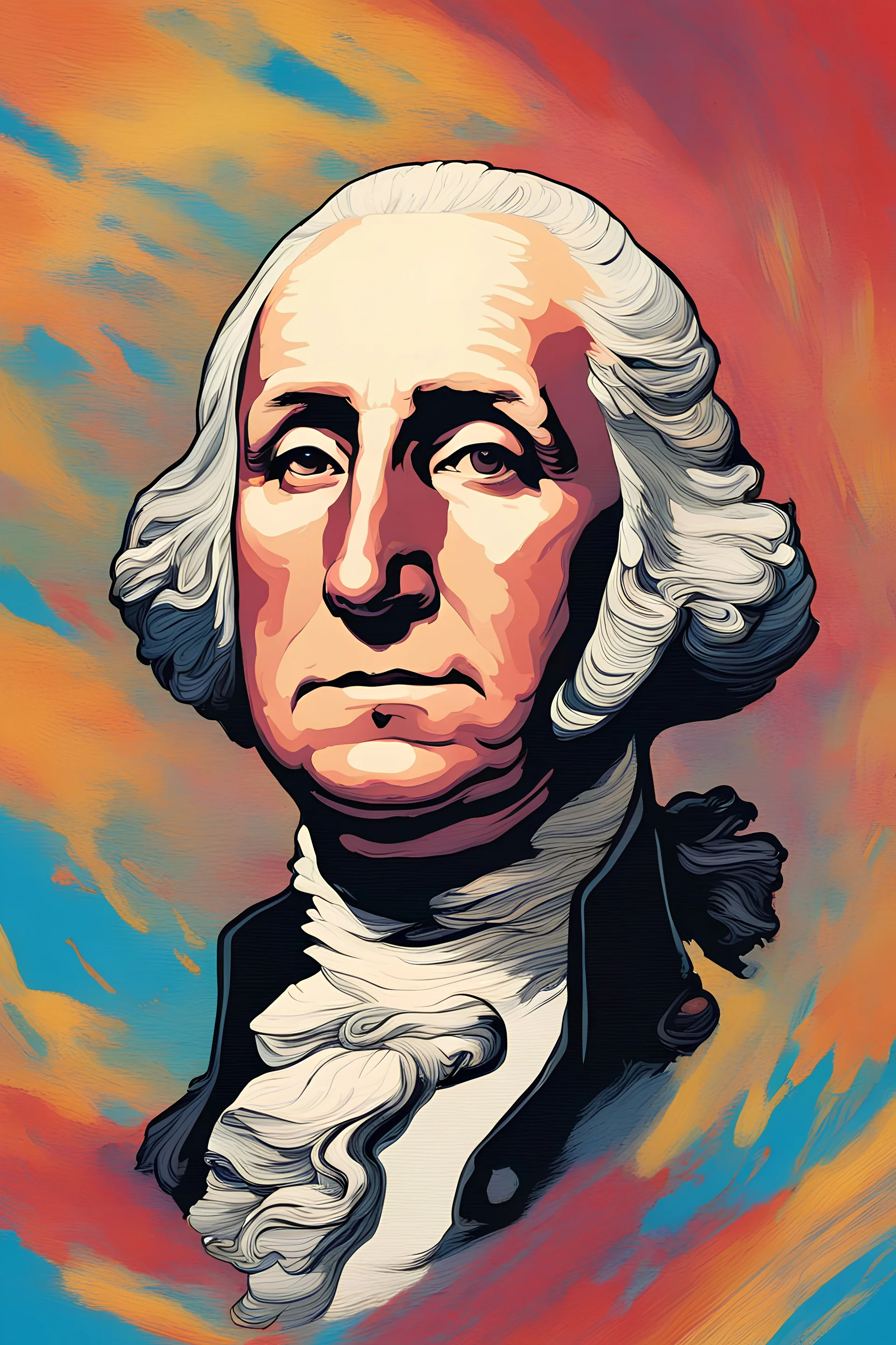 "Generate an artistic portrayal of George Washington's visage slowly melting, resembling paint trickling down a canvas, capturing the surreal transformation with vivid colors and fluid motion."