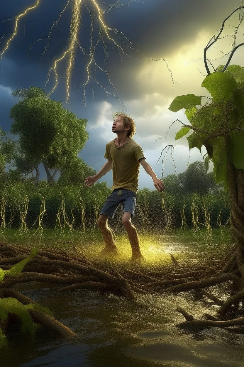 A young man with his limbs replaced with fruit trees floats above a swamp casting lightning bolts